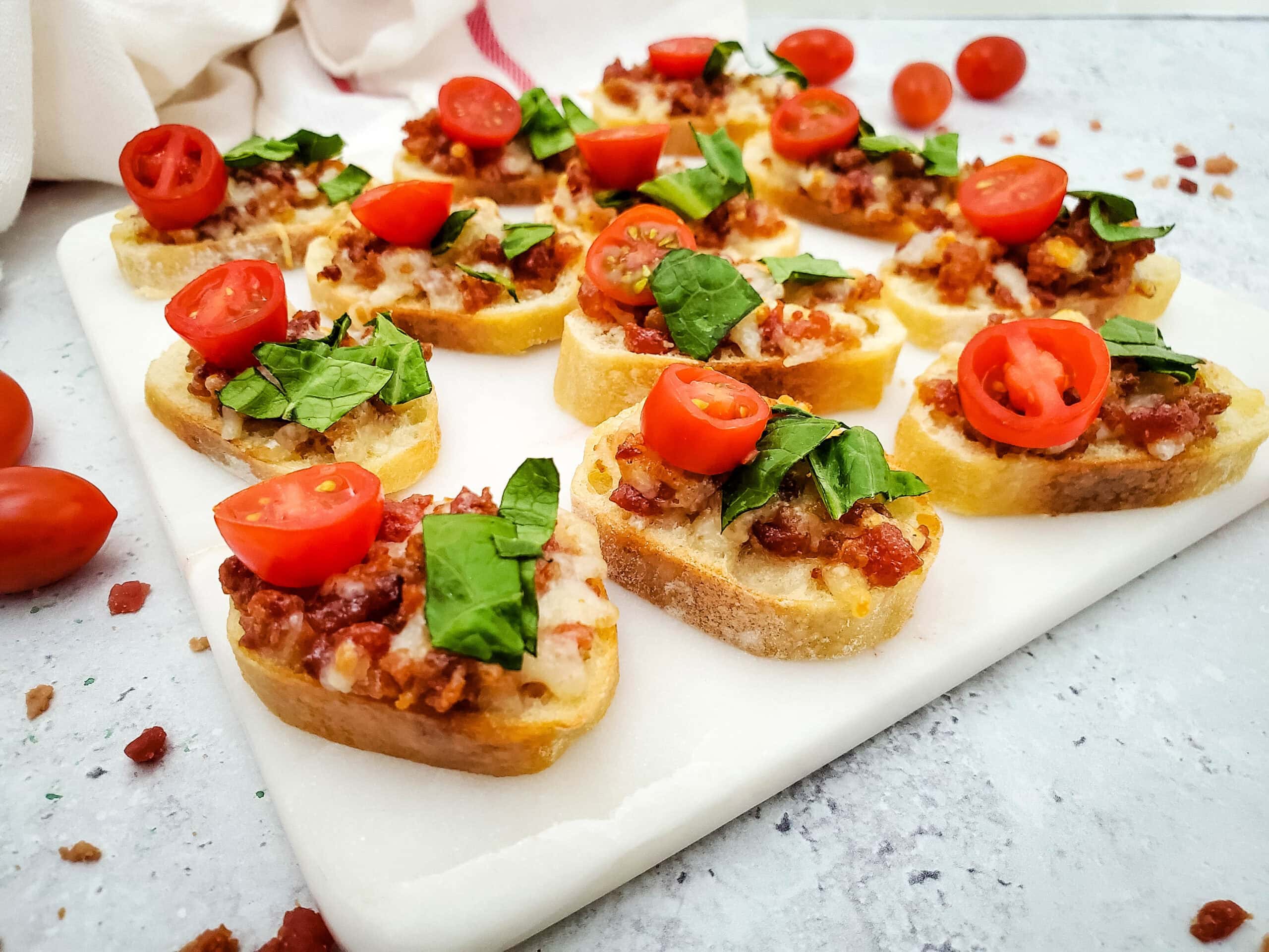 Crunchy, Cheesy, Bacon-Topped BLT Crostini Appetizer