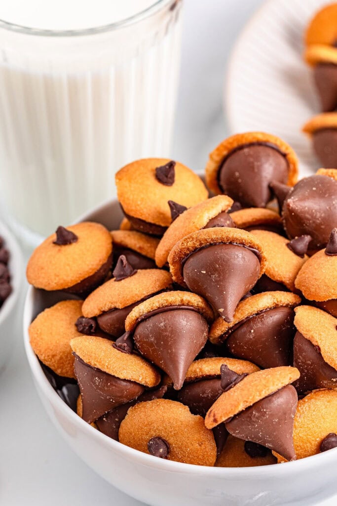 thanksgiving themed treats - chocolate kiss acorns in a bowl