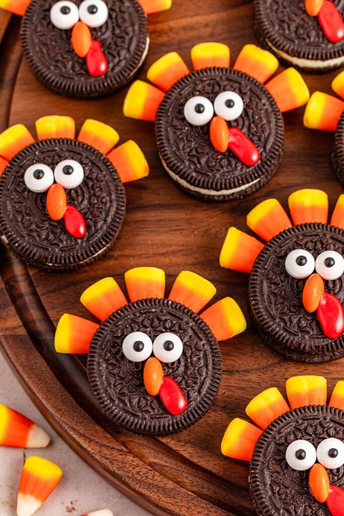 thanksgiving themed treats - oreo turkey cookies on a plate