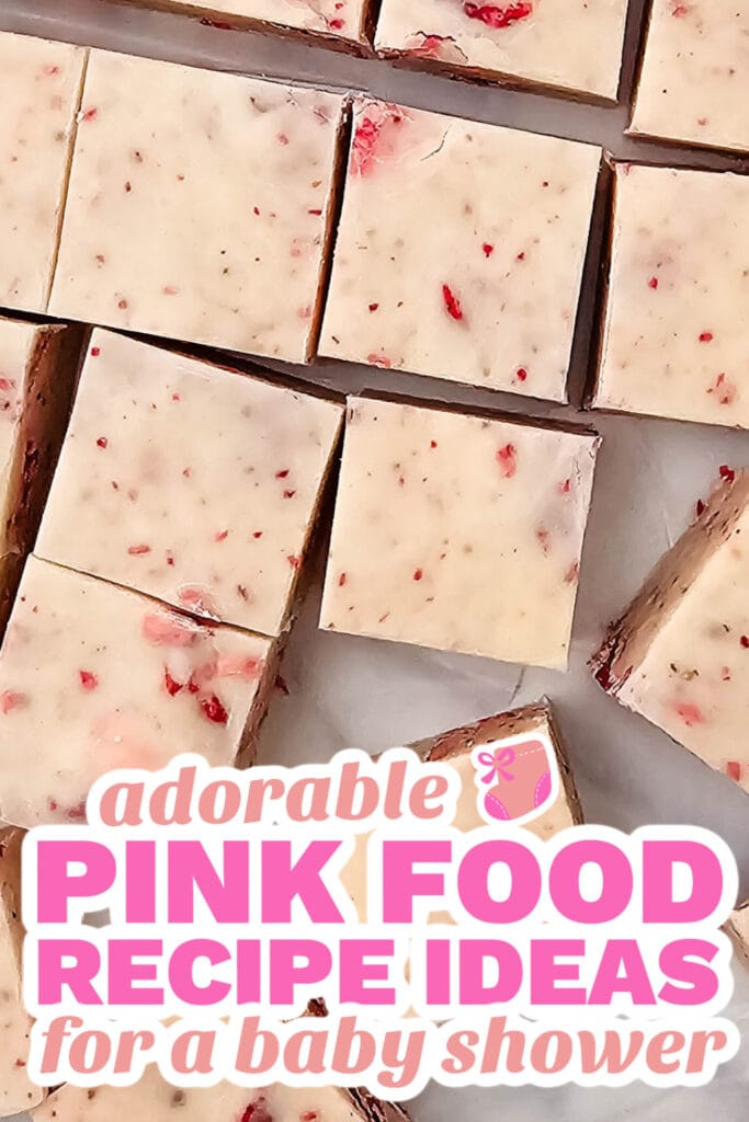 pink baby shower food - No-Bake Strawberry Fudge Squares