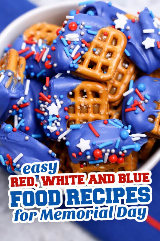 red, white and blue recipes for memorial day - Patriotic Caramel Pretzel Sandwiches copy