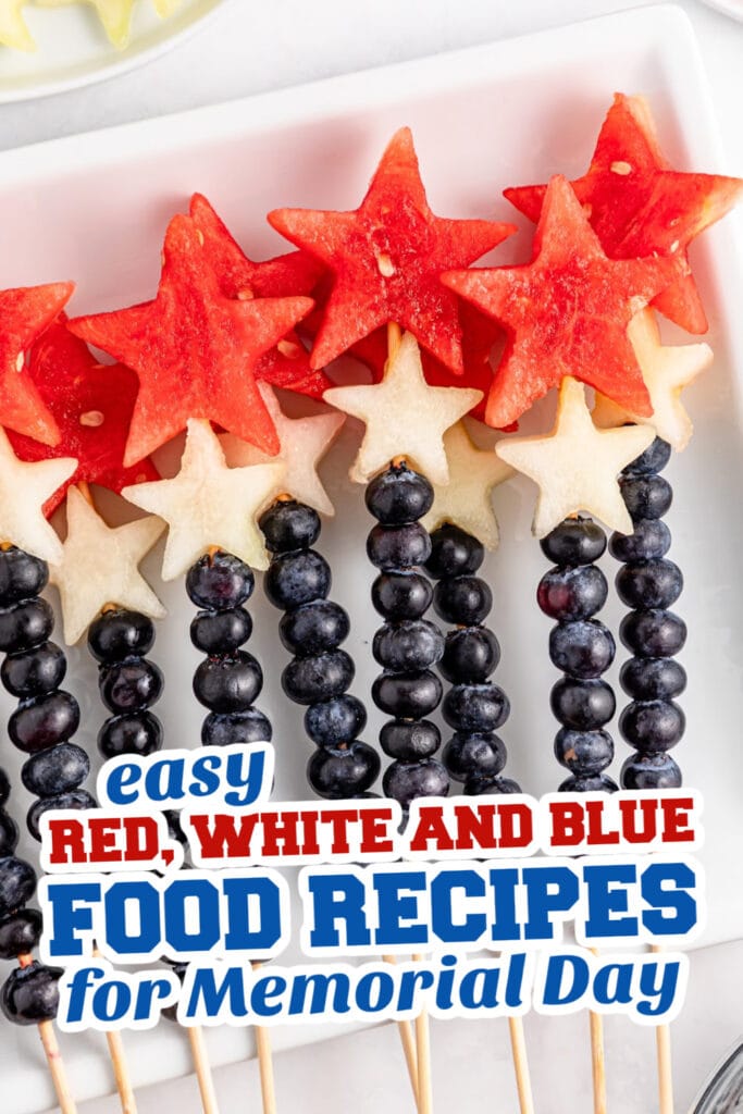 red, white and blue recipes for memorial day - Patriotic Sparkler Fruit Skewers copy