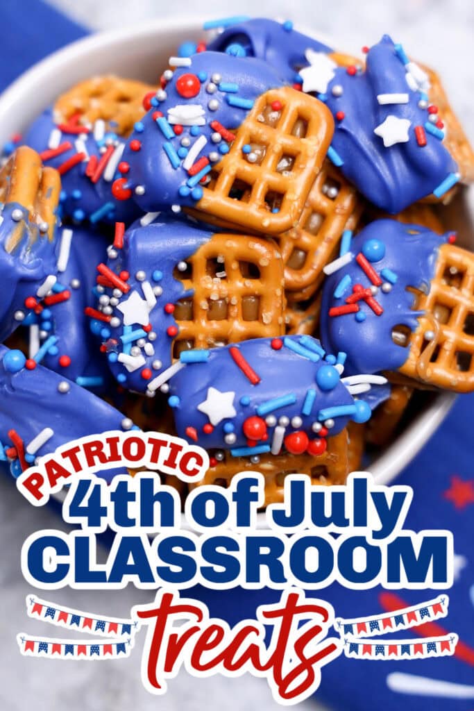 4th of July Classroom Treats -4th of July Caramel Pretzel Sandwiches copy