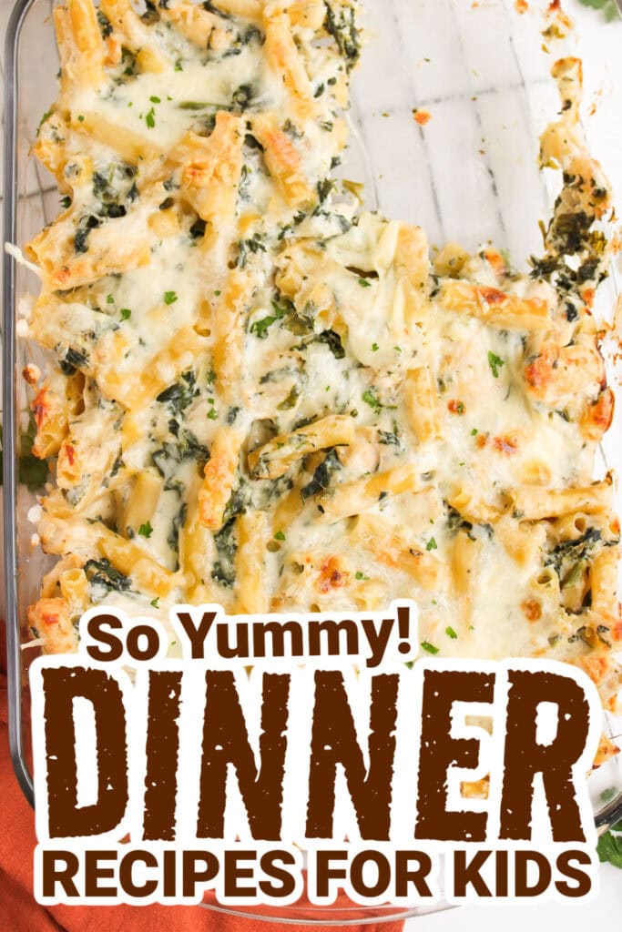 dinner recipes for kids - Creamy Spinach Artichoke Chicken Pasta Casserole copy