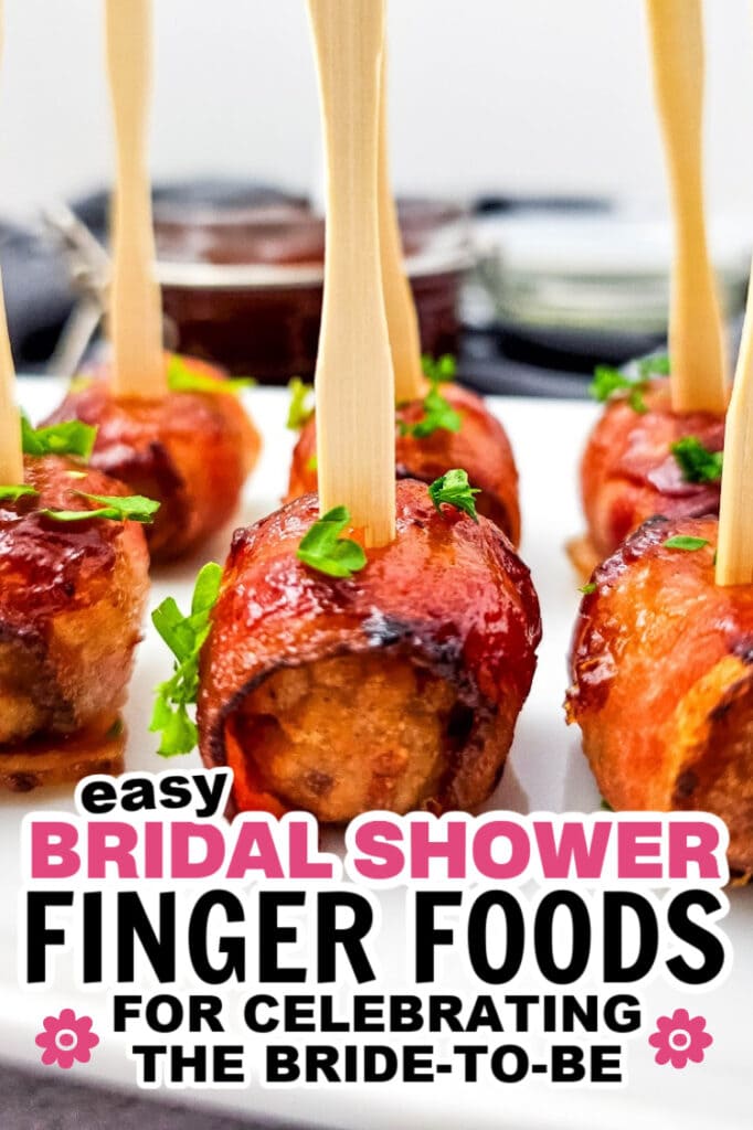 bridal shower finger foods -Juicy BBQ Bacon Wrapped Meatballs