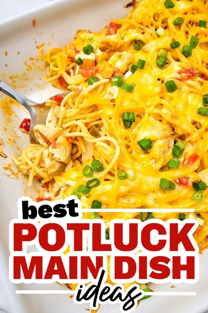 pinned potluck main dish ideas - Cheesy Rotel Chicken Spaghetti Casserole