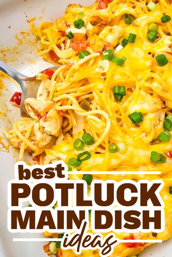 potluck main dish ideas - Cheesy Rotel Chicken Spaghetti Casserole copy