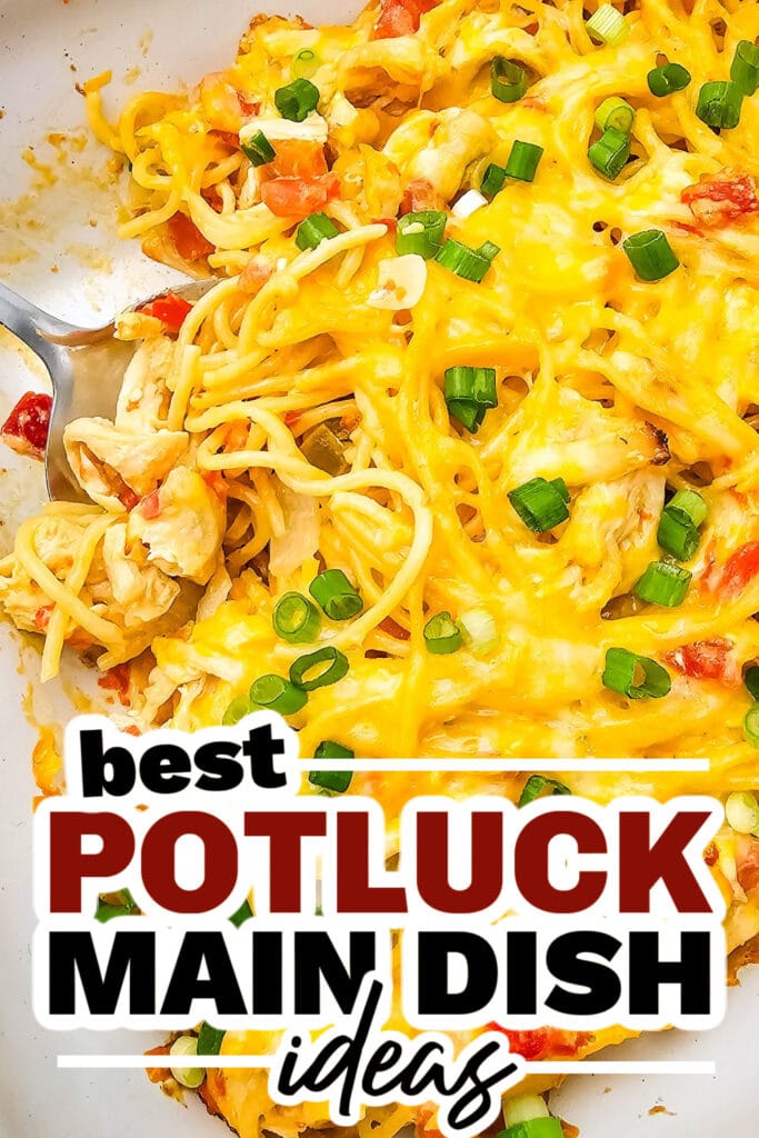 potluck main dish ideas - Cheesy Rotel Chicken Spaghetti Casserole copy