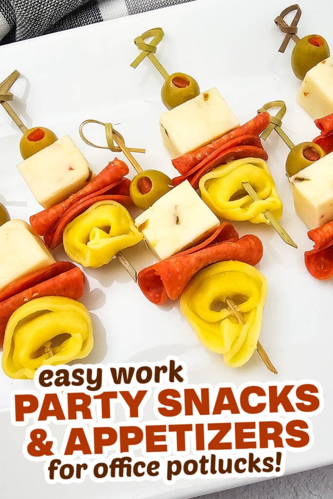 work party snacks and appetizers -Cheesy Tortellini Skewers