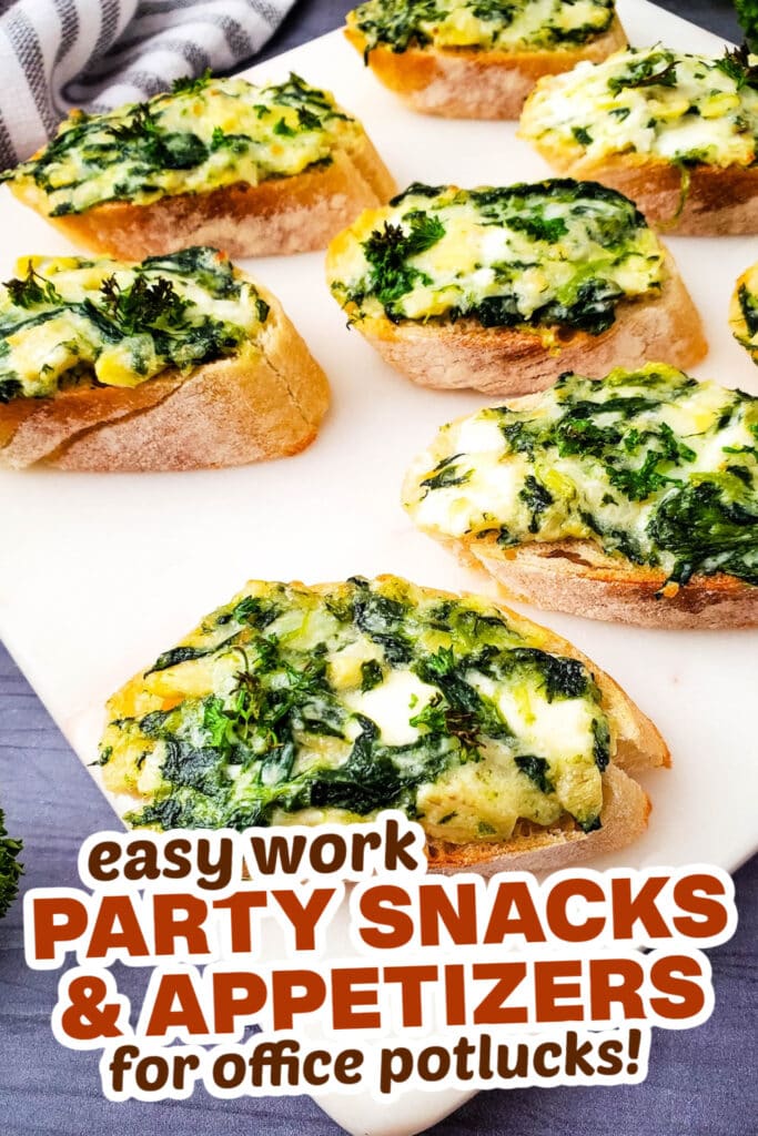 work party snacks and appetizers -Spinach Artichoke Crostini