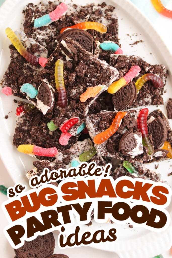 bug snacks party food ideas - Gummy Worms Dirt Cake Bark
