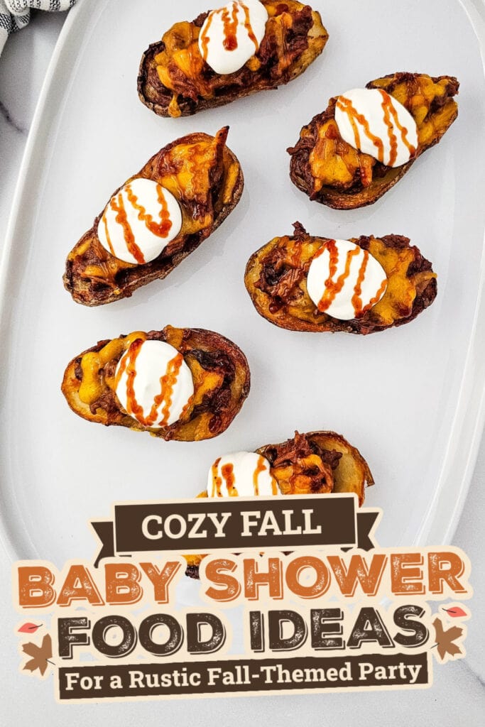 fall themed baby shower food ideas -Crispy Pulled Pork and Cheese Potato Skins copy