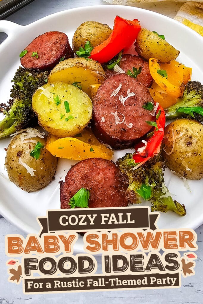 fall themed baby shower food ideas -Healthy Sheet Pan Sausage with Veggies copy