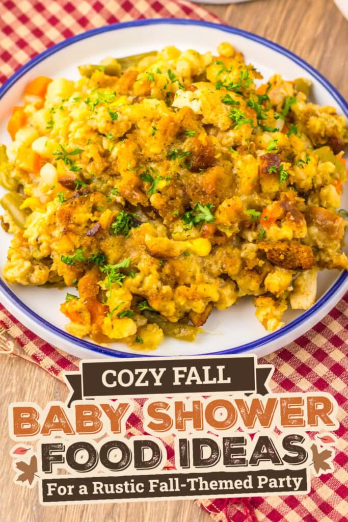 fall themed baby shower food ideas -Slow Cooker Turkey Pot Pie with Stuffing Topping copy