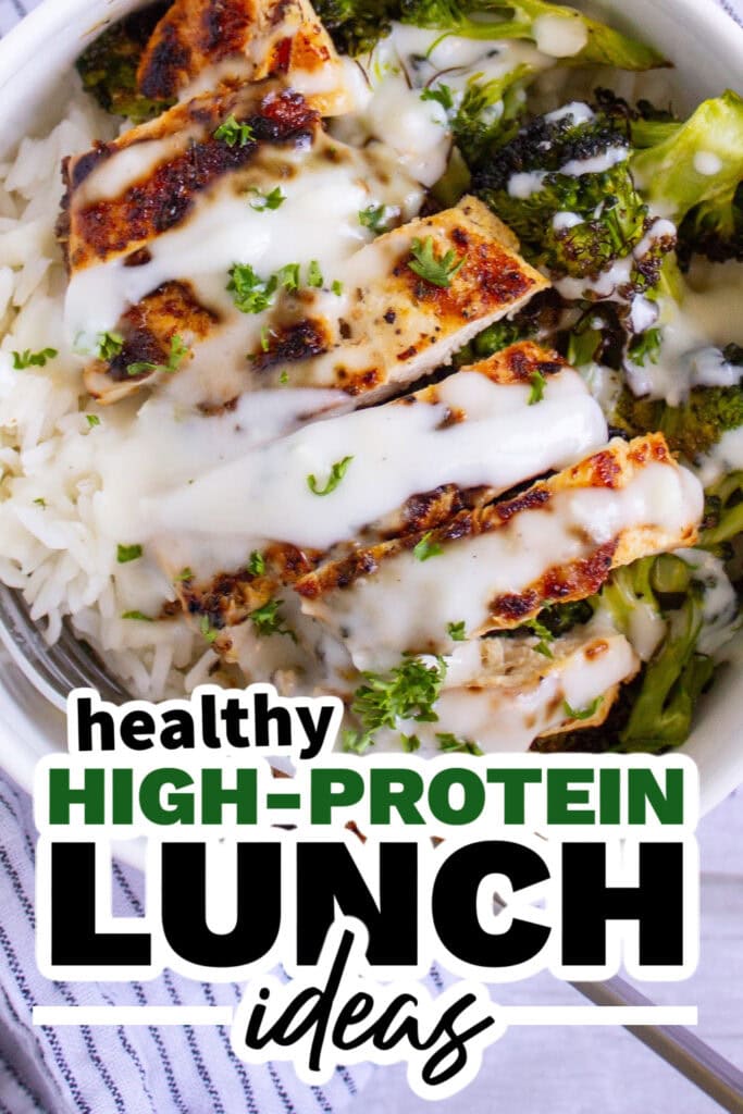 high protein lunch ideas - Chicken and Broccoli Bowls with Creamy Garlic Sauce copy