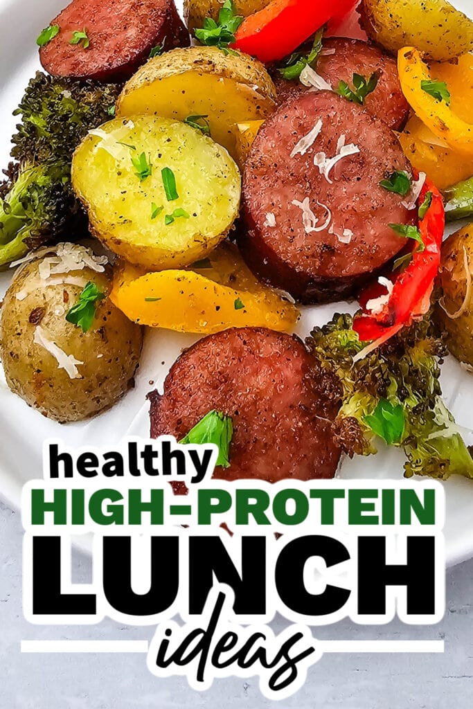 high protein lunch ideas -Healthy Sheet Pan Sausage with Veggies copy