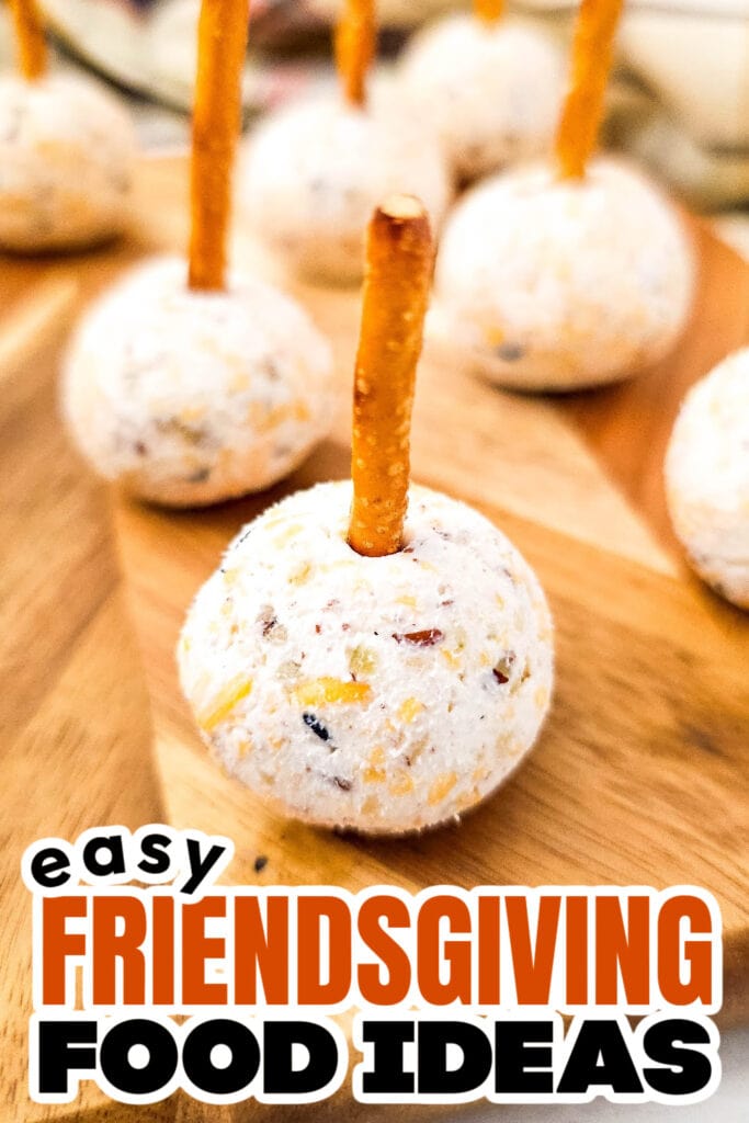 Friendsgiving Food Ideas- Cheeseball Bites on Pretzel Sticks