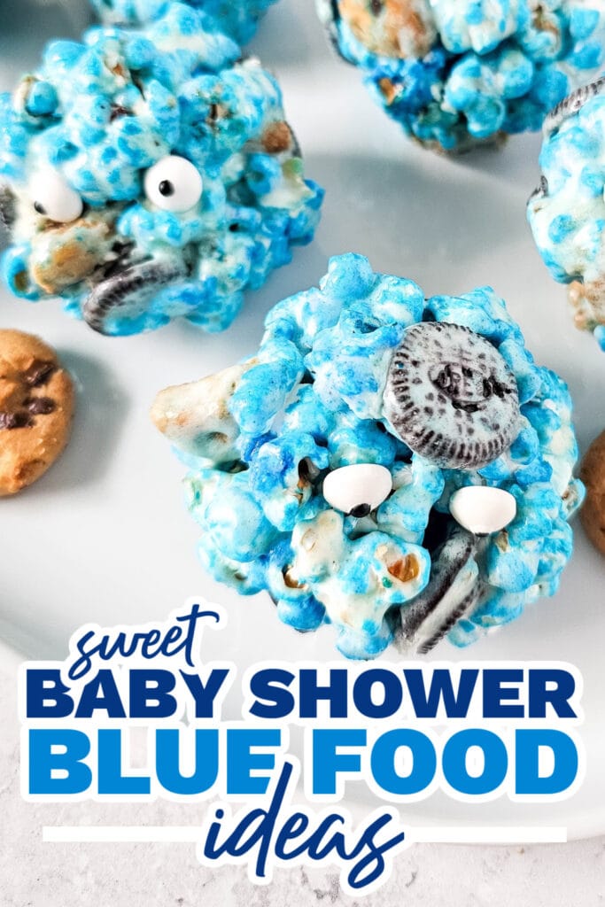 blue baby shower food ideas - Cookie Monster Popcorn Balls copy