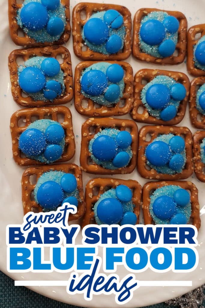 blue baby shower food ideas - Winter Wonderland M&M Pretzel Bites copy