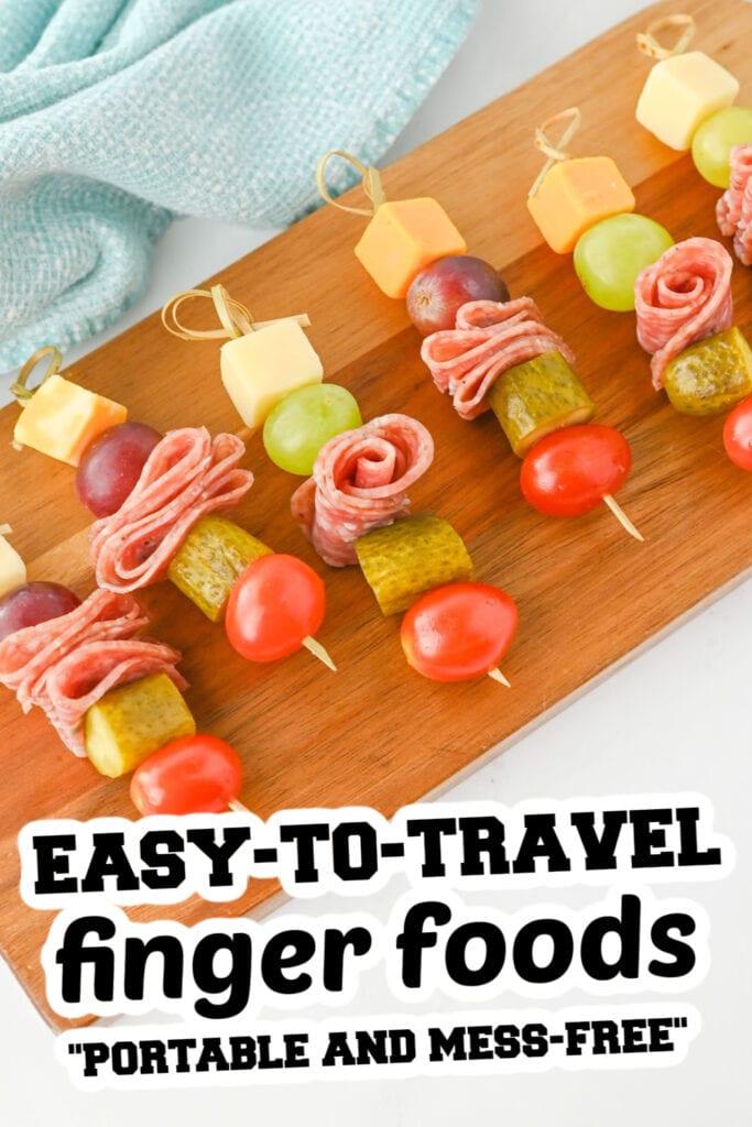 easy to travel finger food -Charcuterie Skewers with Cheese, Salami, and Fruit