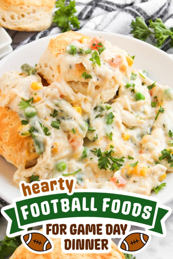 football food ideas -Cheesy Chicken Pot Pie over biscuits copy