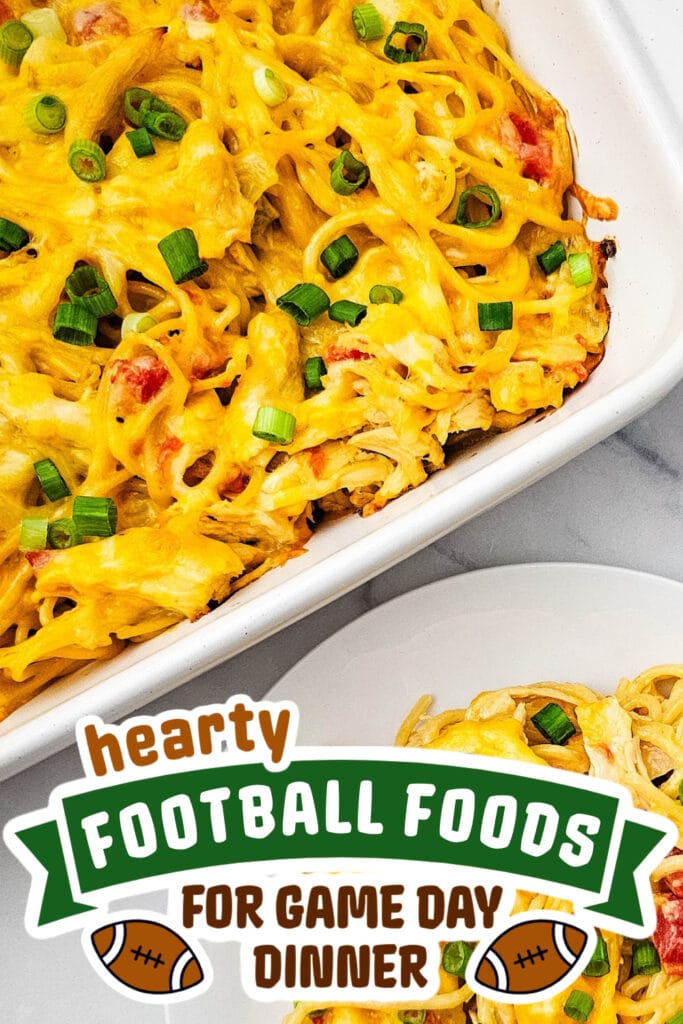 football food ideas -Cheesy Rotel Chicken Spaghetti Casserole copy