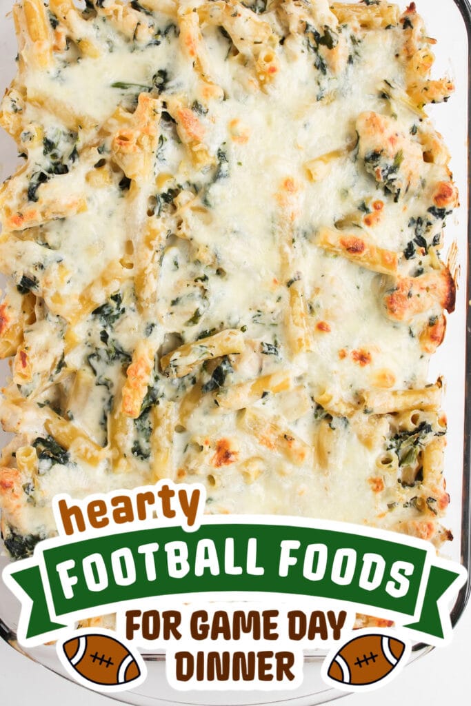football food ideas -Creamy Spinach Artichoke Chicken Pasta Casserole copy