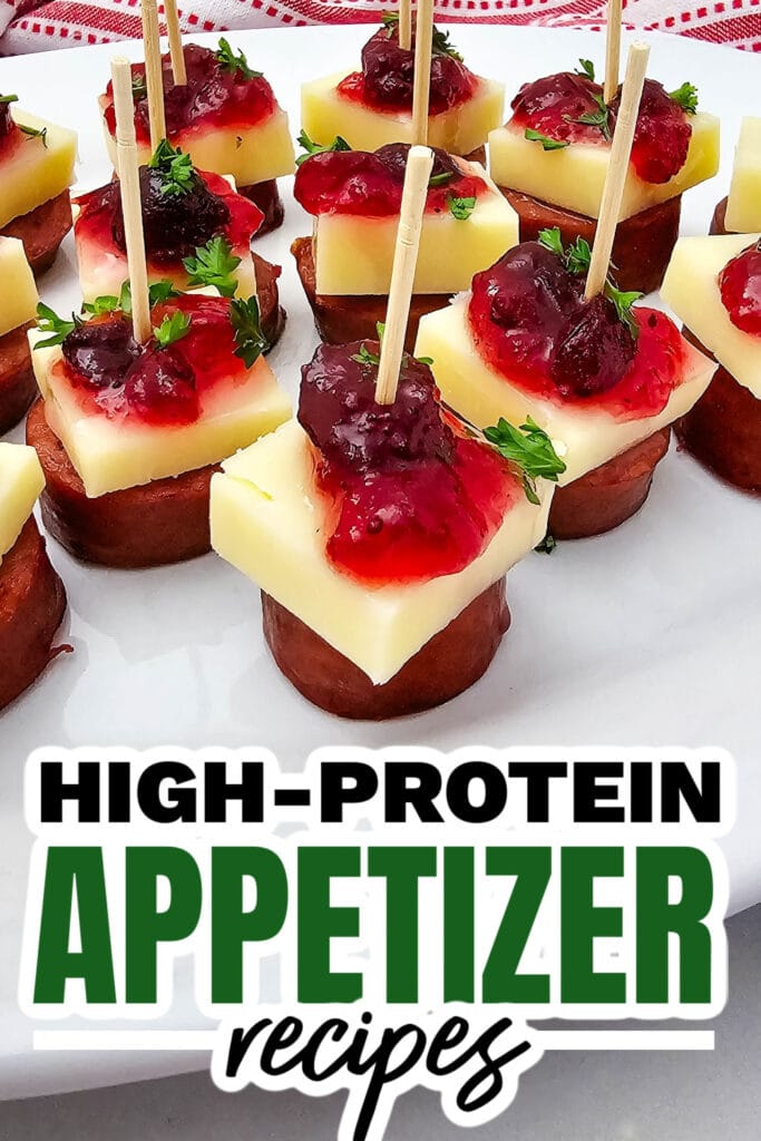 high protein appetizers - Cheesy Sausage Cranberry Skewers copy