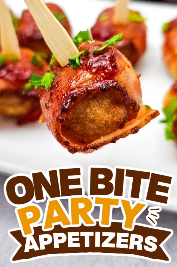one bite party appetizers - bacon wrapped meatballs