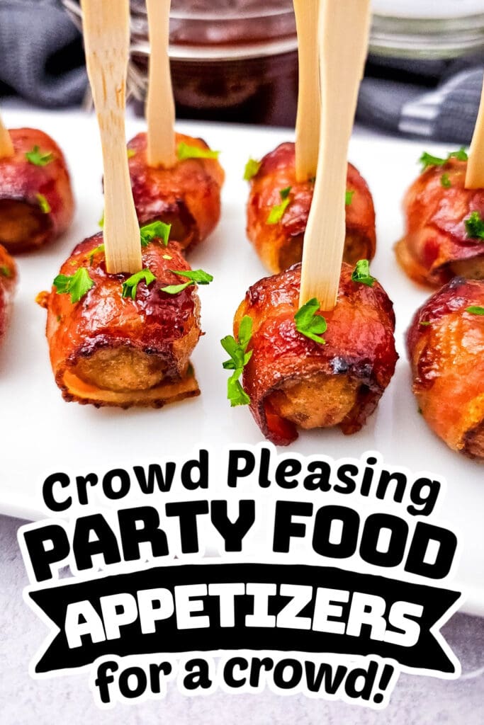 party food appetizers -Juicy BBQ Bacon Wrapped Meatballs