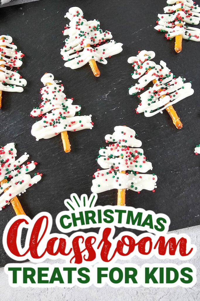 christmas classroom treats - White Chocolate Mini Pretzel Trees copy