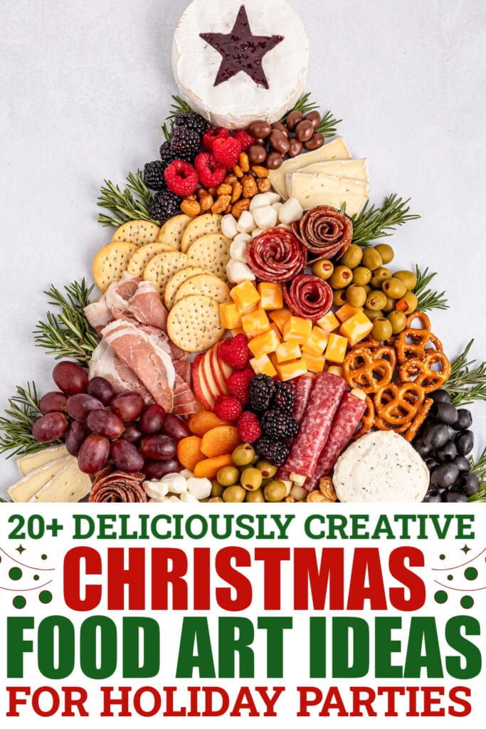 christmas food art - Christmas Tree Charcuterie Board on a Grazing Table copy