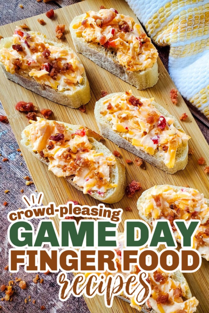 game day finger foods- Pimento Cheese and Bacon Crostini