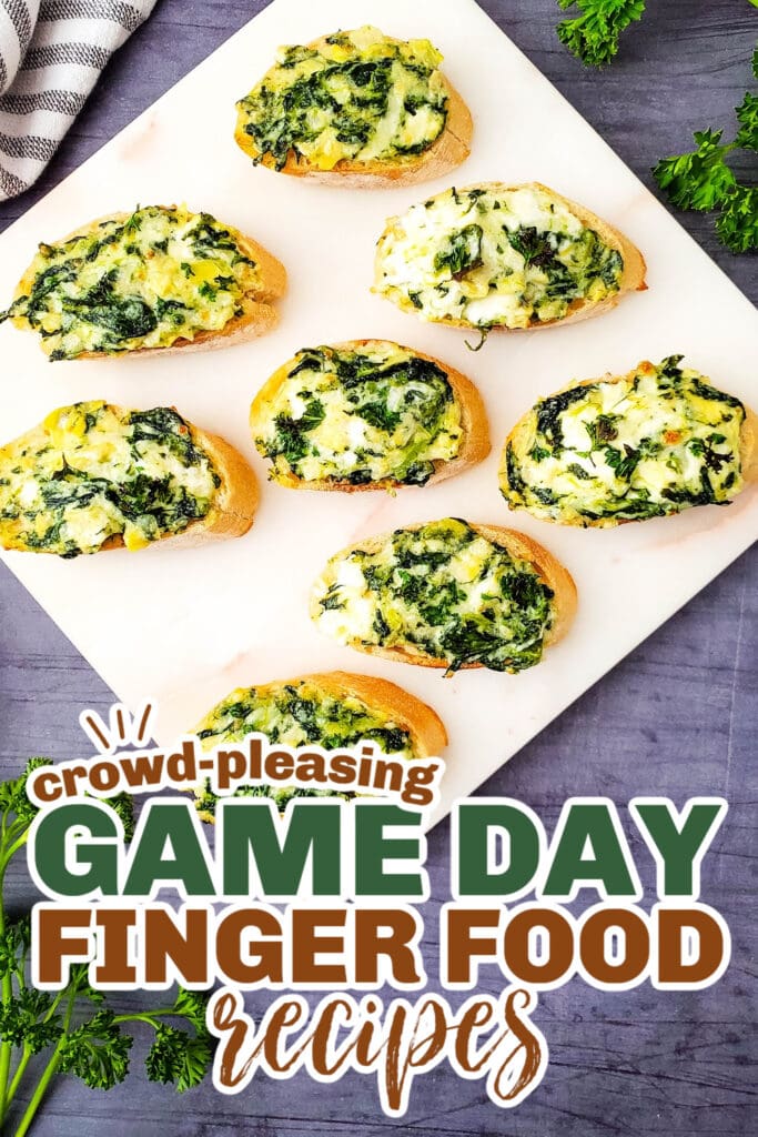 game day finger foods- Spinach Artichoke Crostini