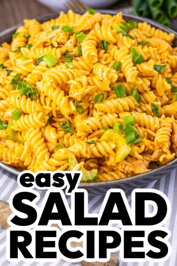 pinned salad recipes -Buffalo Chicken Pasta Salad