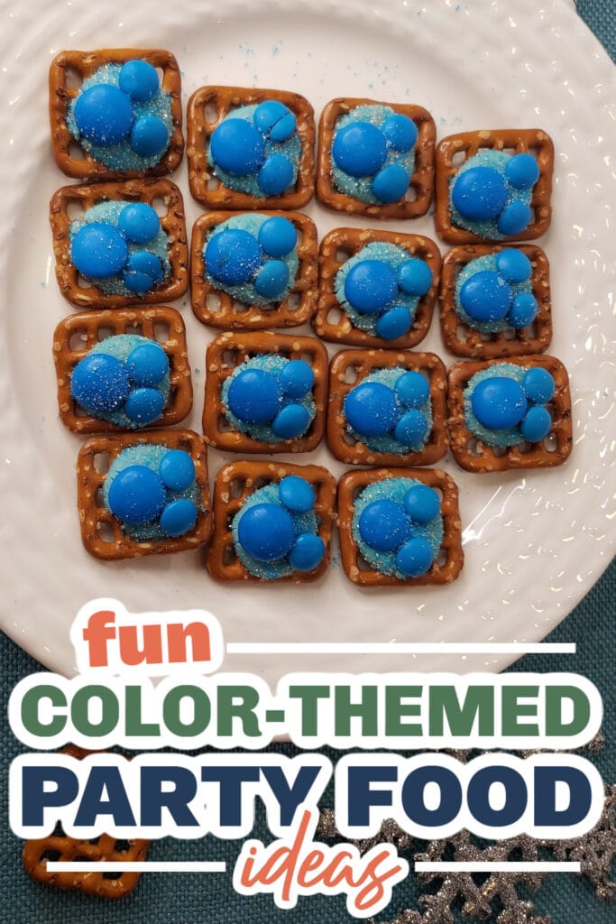 Color Party Food Ideas-Winter Wonderland M&M Pretzel Bites