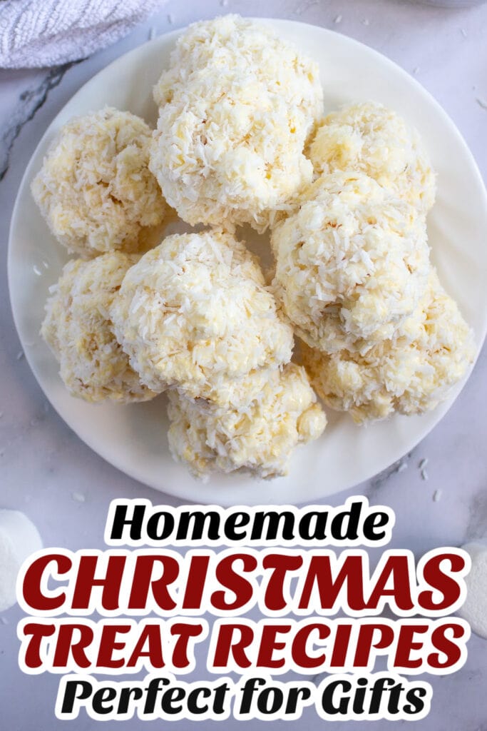 Gifting Christmas Treats-Gooey Coconut Popcorn Marshmallow Snowball Bites