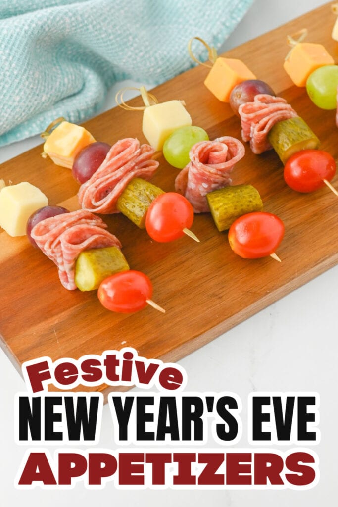 New Years Appetizers-Charcuterie Skewers with Cheese, Salami, and Fruit