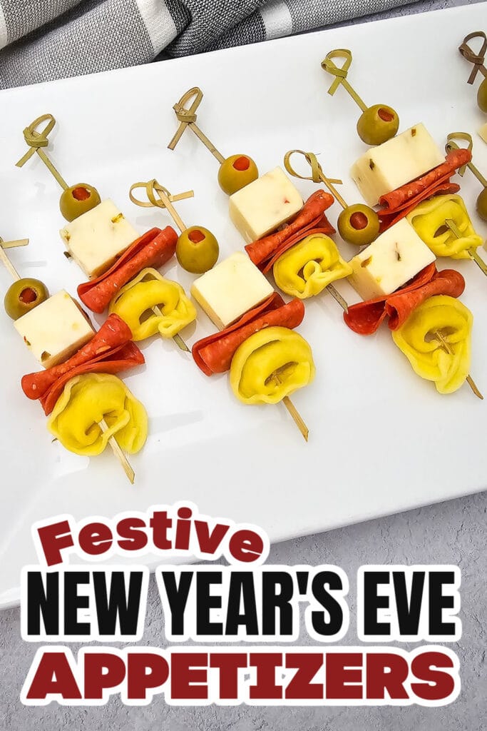 New Years Appetizers-Cheesy Tortellini Skewers with Olives & Pepperoni