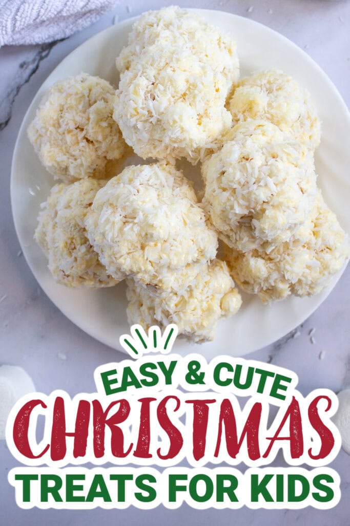kids christmas treats-Gooey Coconut Popcorn Marshmallow Snowball Bites