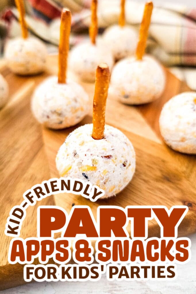 kids party appetizers - Cheeseball Bites on Pretzel Sticks
