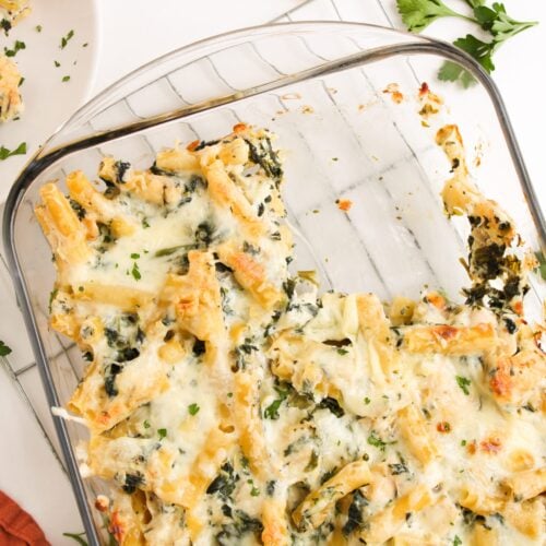 Creamy Spinach Artichoke Chicken Pasta Casserole
