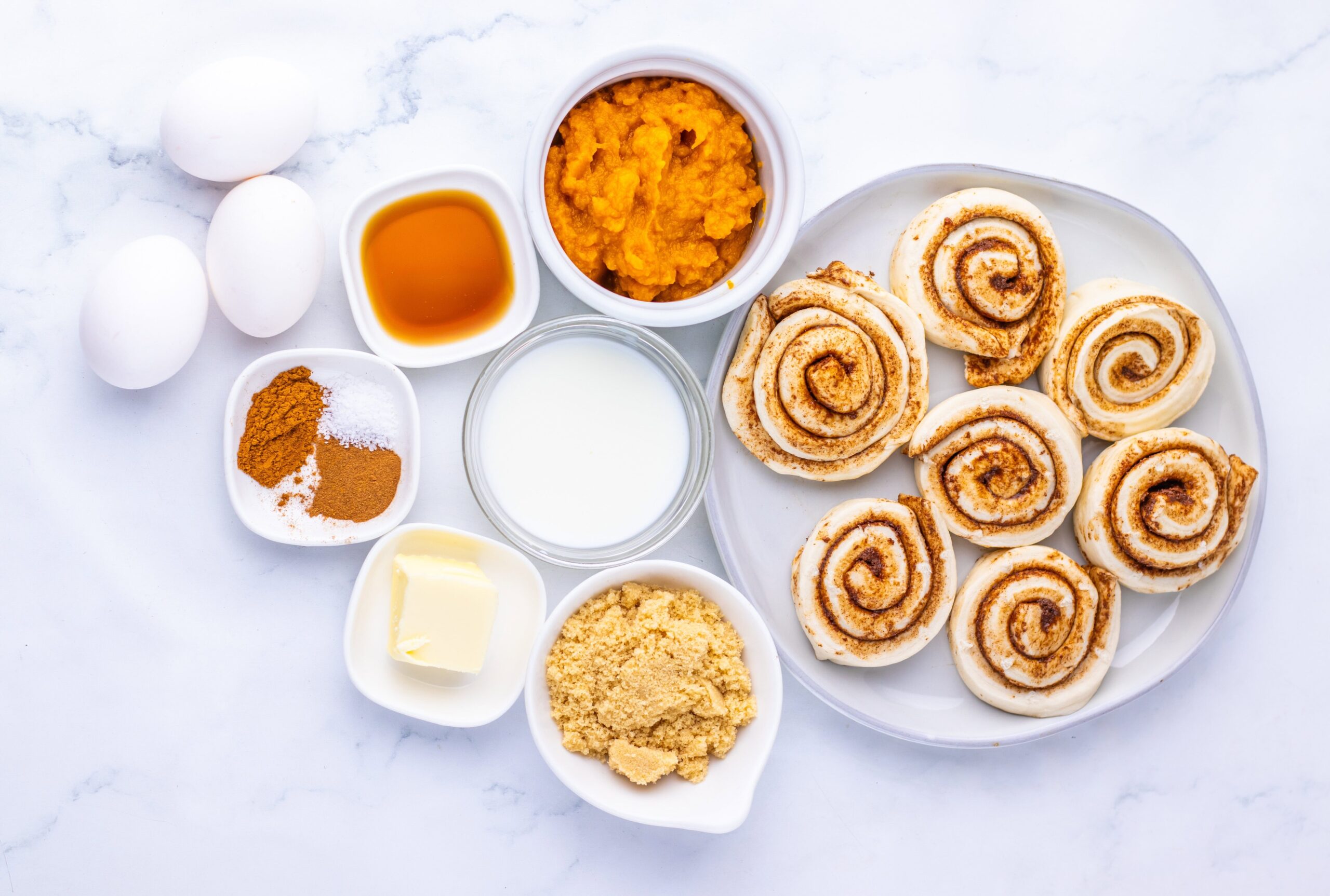 Pumpkin Cinnamon Roll Casserole Process Ingredients