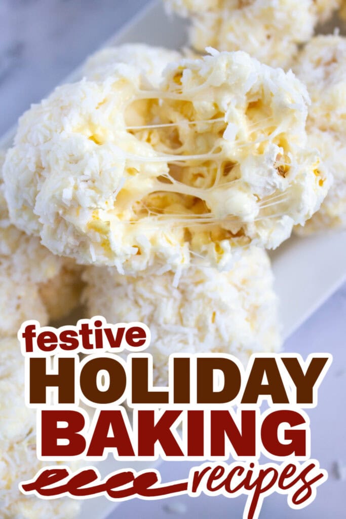 holiday baking recipes - Gooey Coconut Popcorn Marshmallow Snowball Bites copy