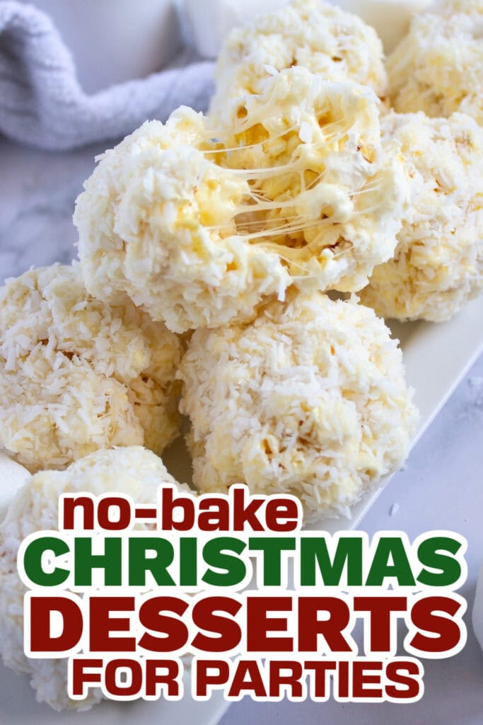 no bake christmas desserts -Gooey Coconut Popcorn Marshmallow Snowball Bites copy