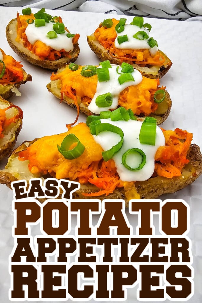 potato appetizer recipes - Buffalo Chicken Potato Skins with Blue Cheese Drizzle